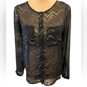 Olive & Oak Sheer Blouse Size XS Black with Gold Metallic Accents